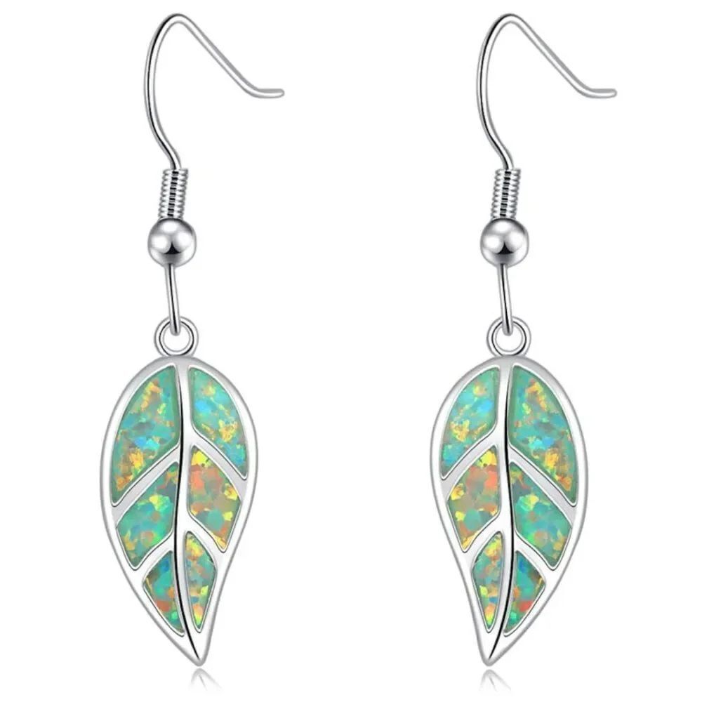 14K White Gold with Genuine Green Fire Opal LeafโShape Dangling Hook Earrings